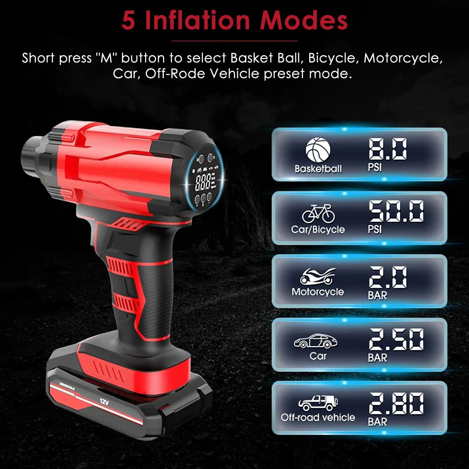150 PSI 12V Portable Cordless Tire Pump 6000mAh Rechargeable with LED Light