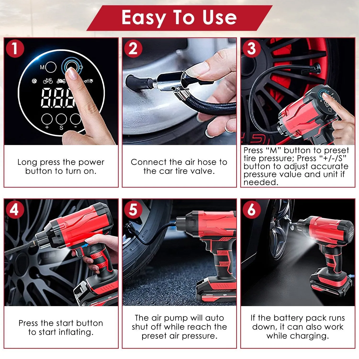 150 PSI 12V Portable Cordless Tire Pump 6000mAh Rechargeable with LED Light