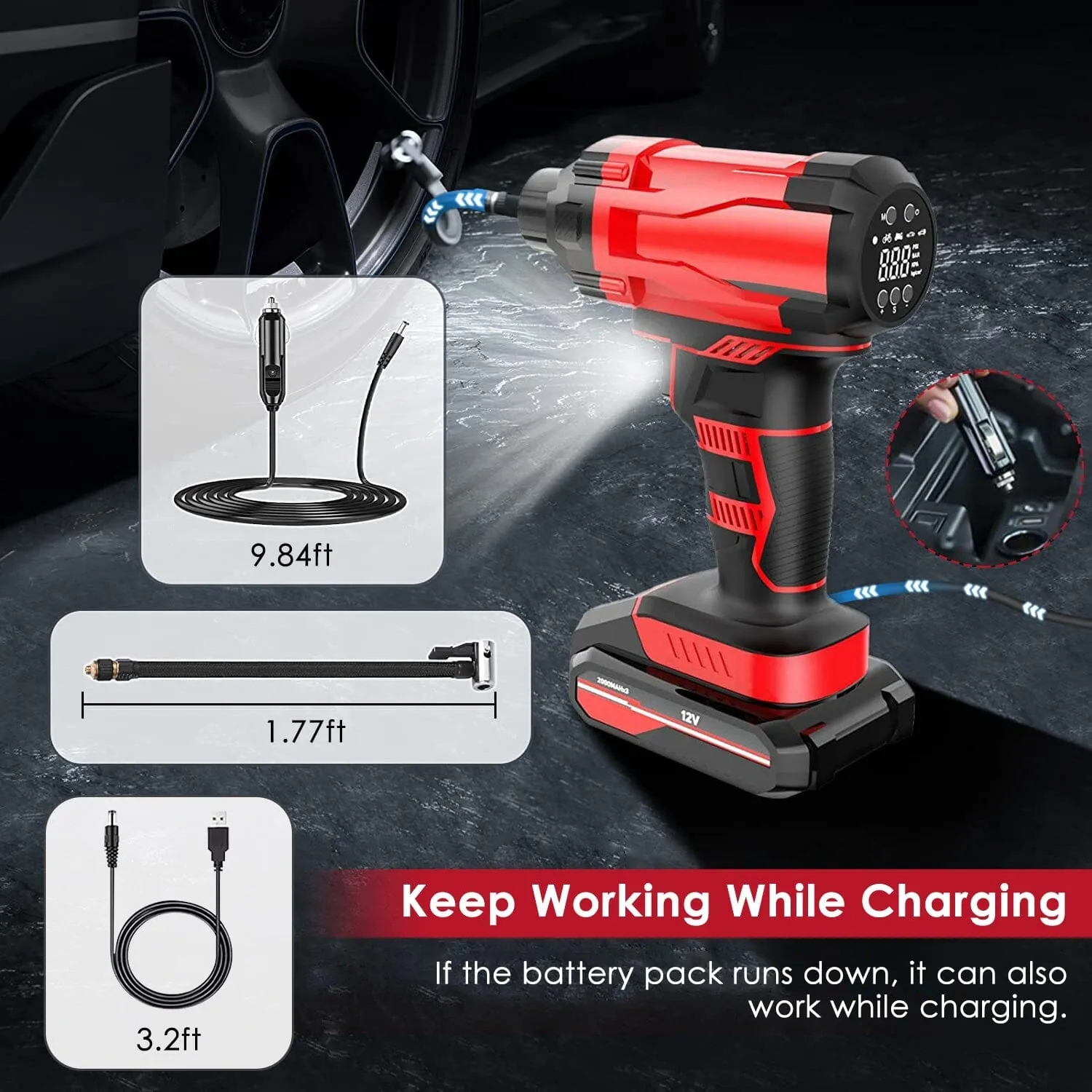 150 PSI 12V Portable Cordless Tire Pump 6000mAh Rechargeable with LED Light