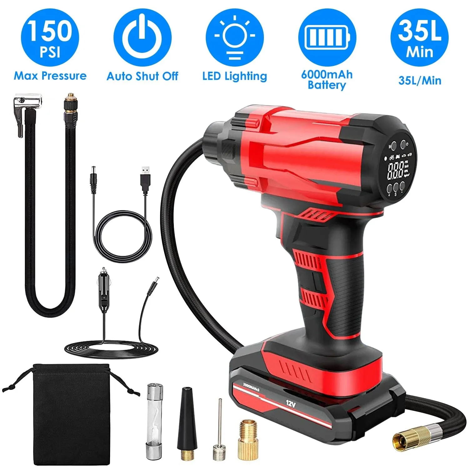 150 PSI 12V Portable Cordless Tire Pump 6000mAh Rechargeable with LED Light