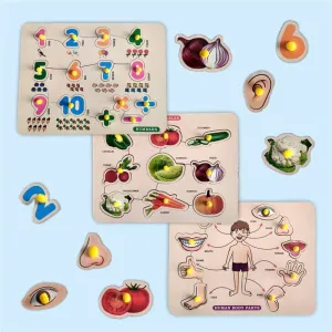 3 in 1 Wooden Number, Vegetable & Body Parts Puzzles for Kids