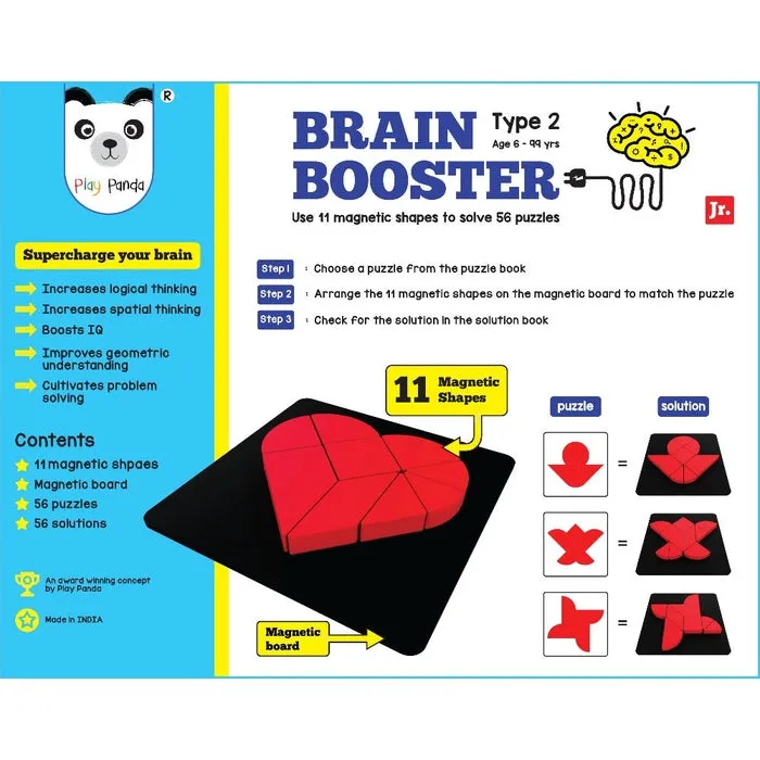 Brain Booster Type 2 (junior) - 56 puzzles designed to boost intelligence - with Magnetic Shapes, Magnetic Board, Puzzle Book and Solution Book