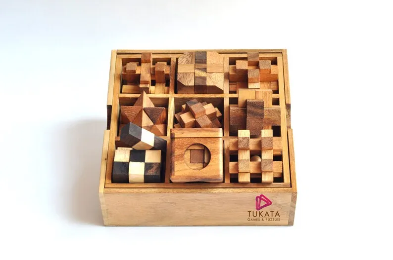 Handcrafted Wooden Brain Teaser Puzzle Set - 9 pcs