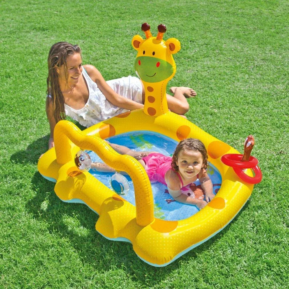 Sure! A more optimized title for this e-commerce product in English with modifiers could be: Intex Smiley Giraffe Inflatable Baby Pool - 44 x 36 x 28.5 Inches, Fun and Safe Water Play for Kids