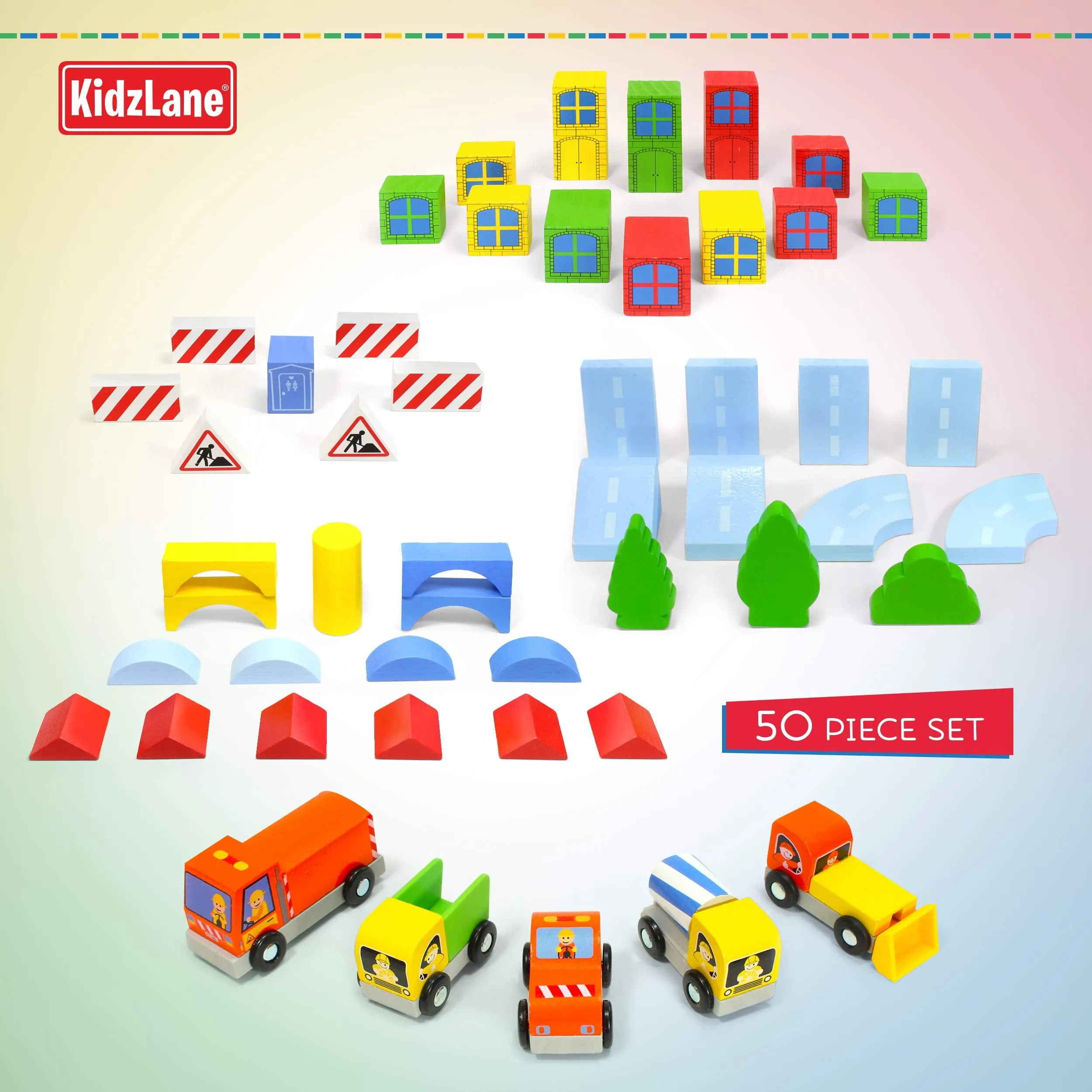 Kidzlane Wooden Construction Site Building Blocks - 50 Pc Wood Block Variety Set