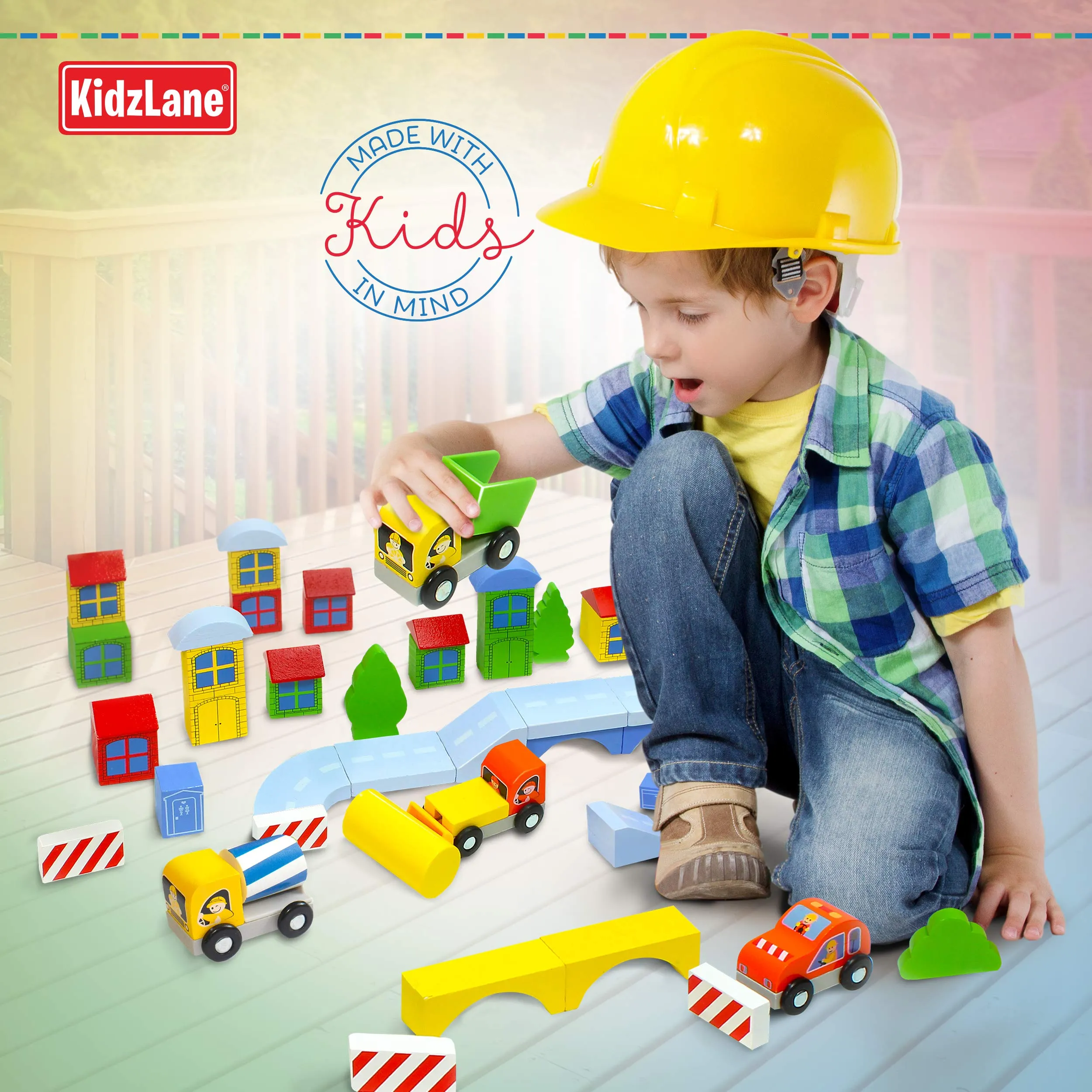 Kidzlane Wooden Construction Site Building Blocks - 50 Pc Wood Block Variety Set