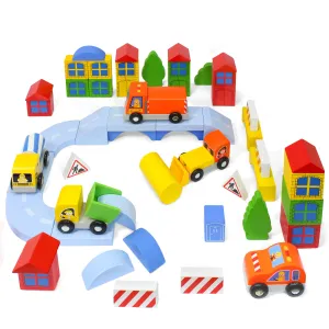 Kidzlane Wooden Construction Site Building Blocks - 50 Pc Wood Block Variety Set