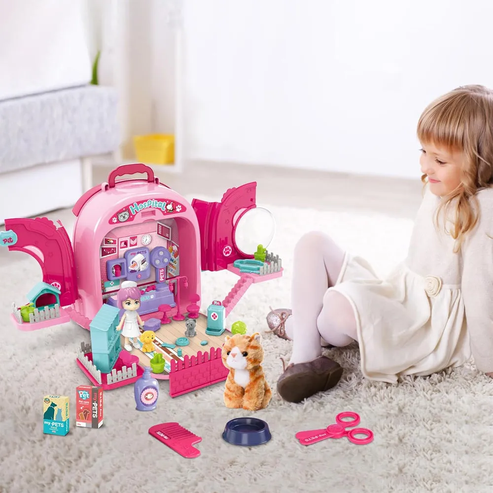 (Net) 3-in-1 Educational Pet Care Pretend Play House Toy with Backpack