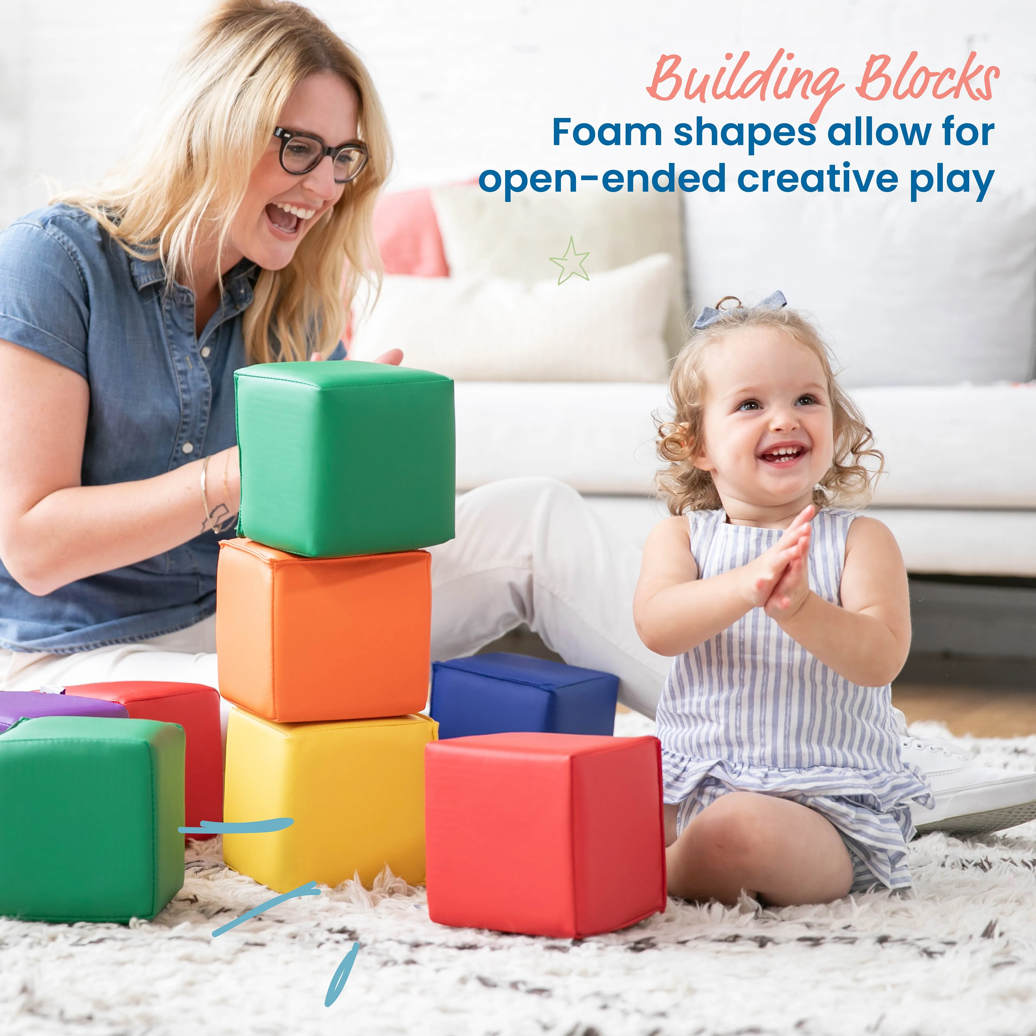 Patchwork Toddler Building Blocks, Foam Cubes, 12-Piece