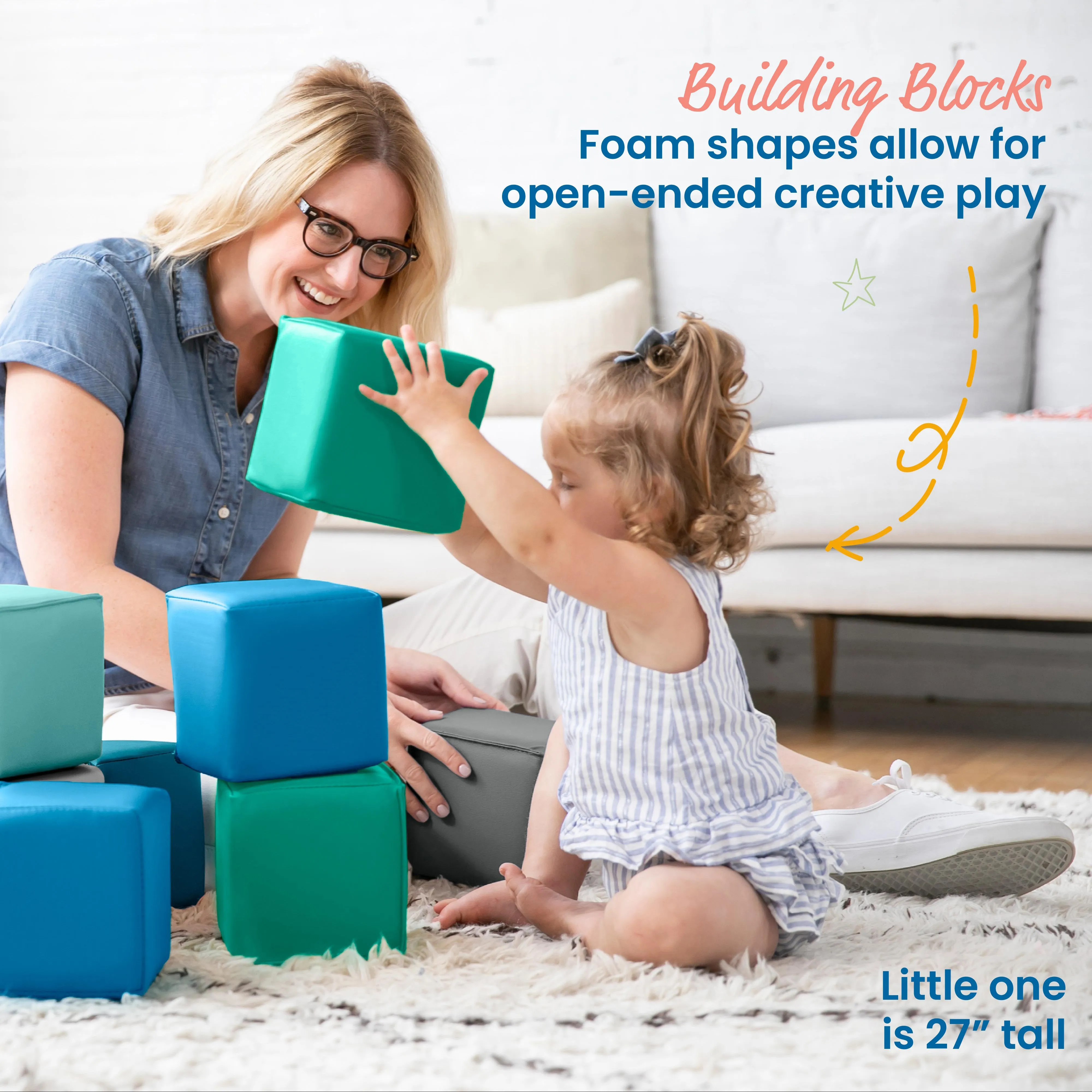 Patchwork Toddler Building Blocks, Foam Cubes, 12-Piece