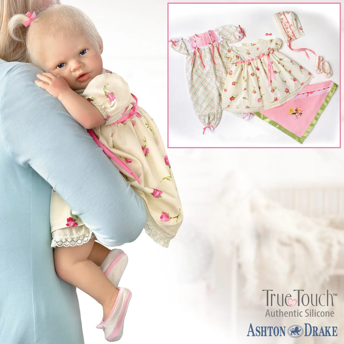 The Ashton - Drake Galleries Lily Rose TrueTouch® Authentic Silicone Baby Girl Doll With 7-Piece Layette Set Weighted Fully Poseable with Hand-Rooted Hair & Inset Eyes by Michelle Fagan 21"-Inches