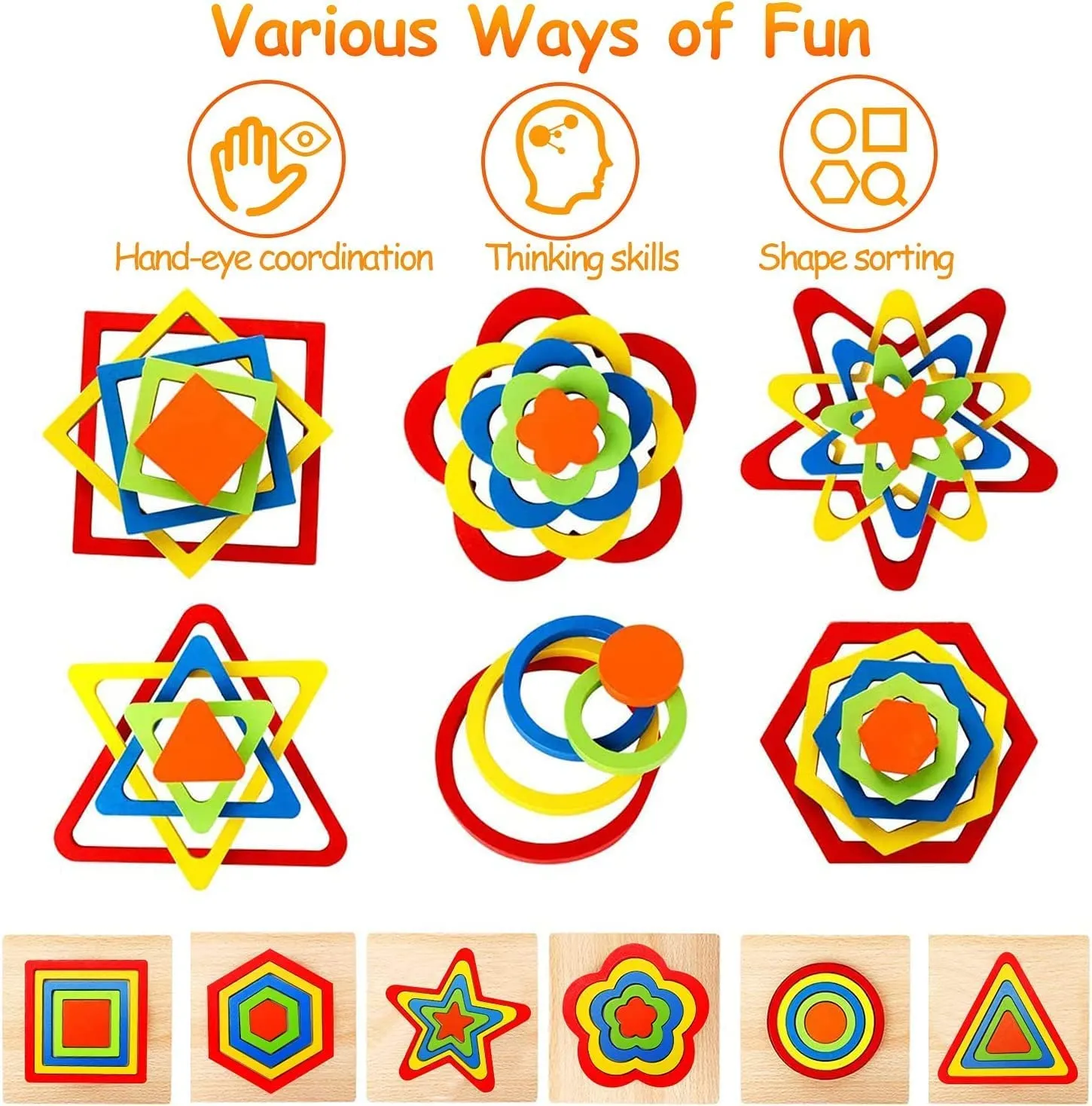Toddler Puzzles Games Wooden Toys Montessori Rainbow Shape Sorting Puzzle Sensory Toys Toddlers Activities Preschool Learning Early Educational Birthday Gift Travel for Kids Age 1 2 3 4 Year Old