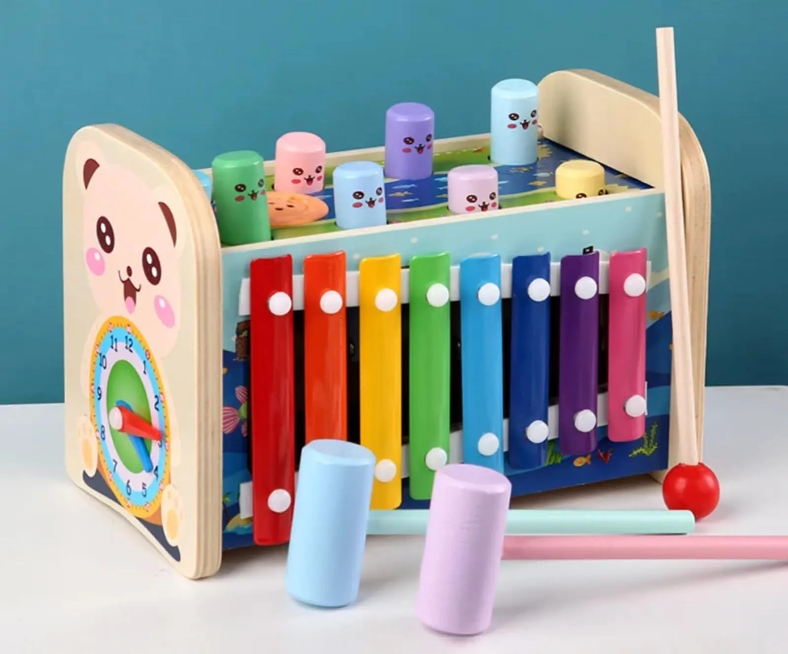 TOYARTSY Kids Hammer Wooden Toy with Wooden Bench Sea Mouse Hammer 7 in 1
