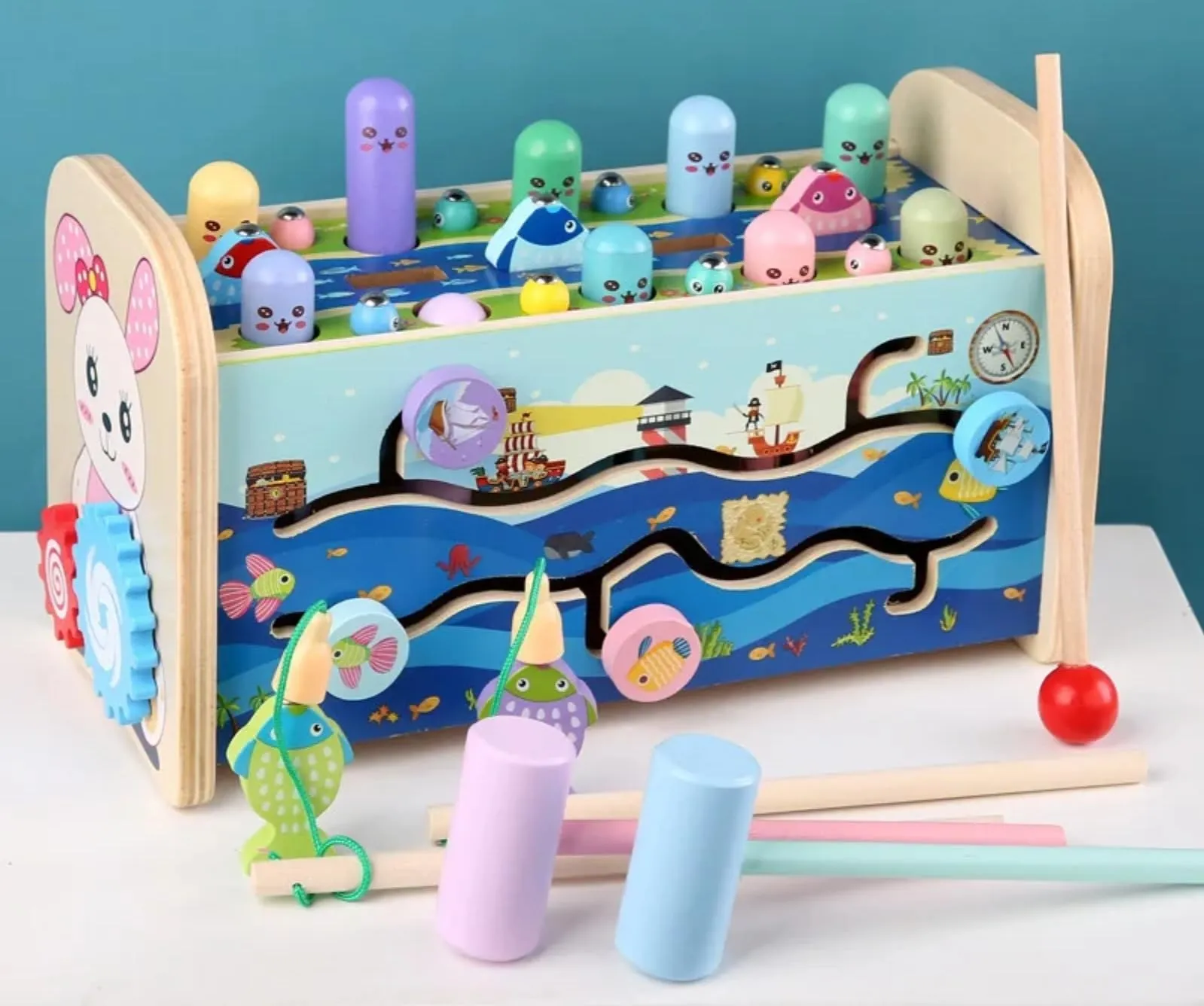 TOYARTSY Kids Hammer Wooden Toy with Wooden Bench Sea Mouse Hammer 7 in 1